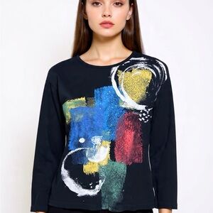 Black Long Sleeve Tee with Multicolor Abstract Brush Print